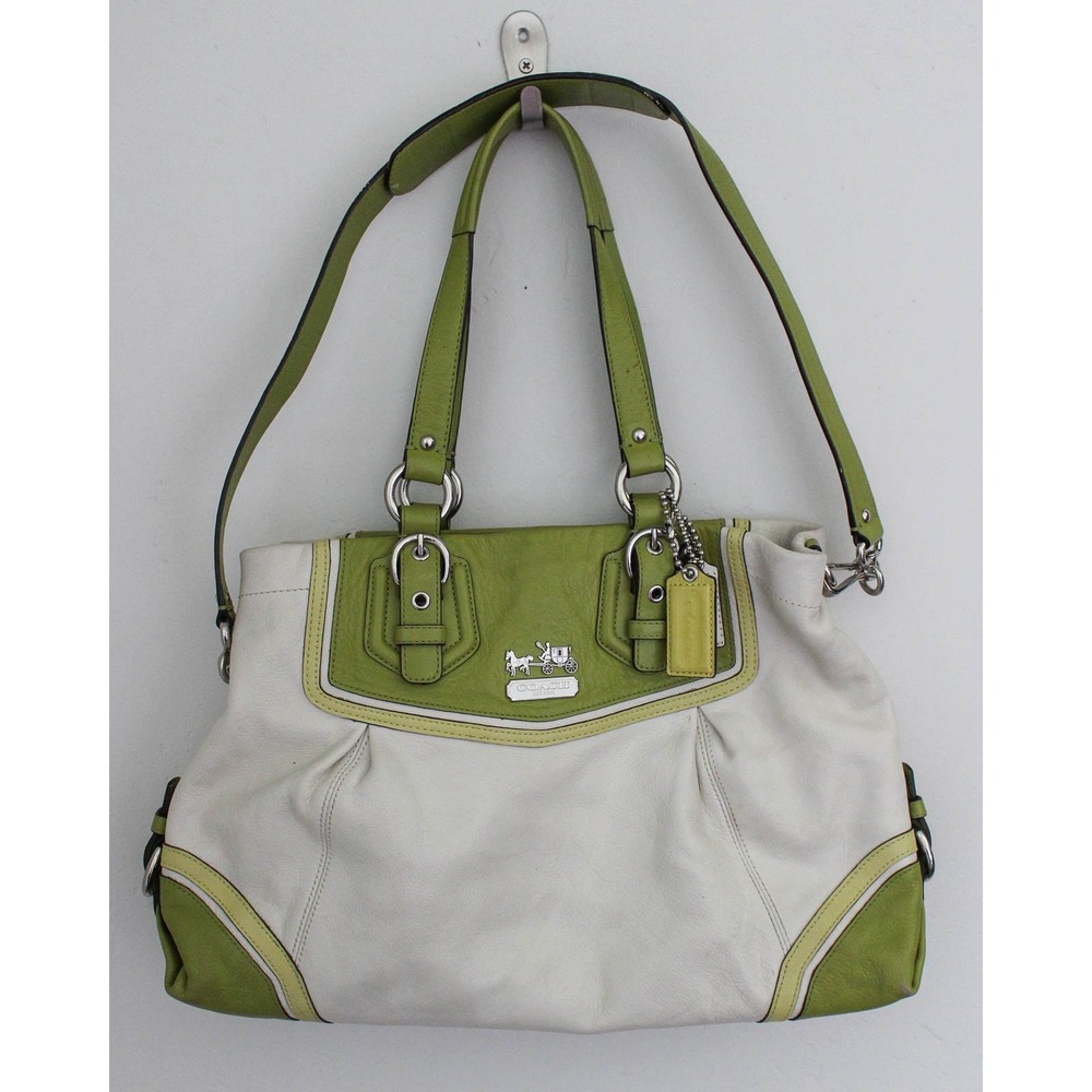 Coach Ashley Spectator Bag Purse Cream Green Leather Shoulder Straps Vintage